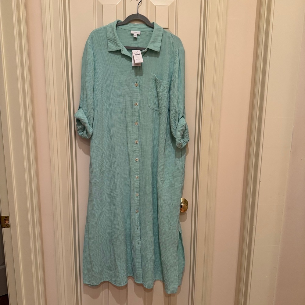 J. Jill Shirt Dress Womens XL Cool Aqua Double Gauze Cotton Maxi Roll Tab Sleeve